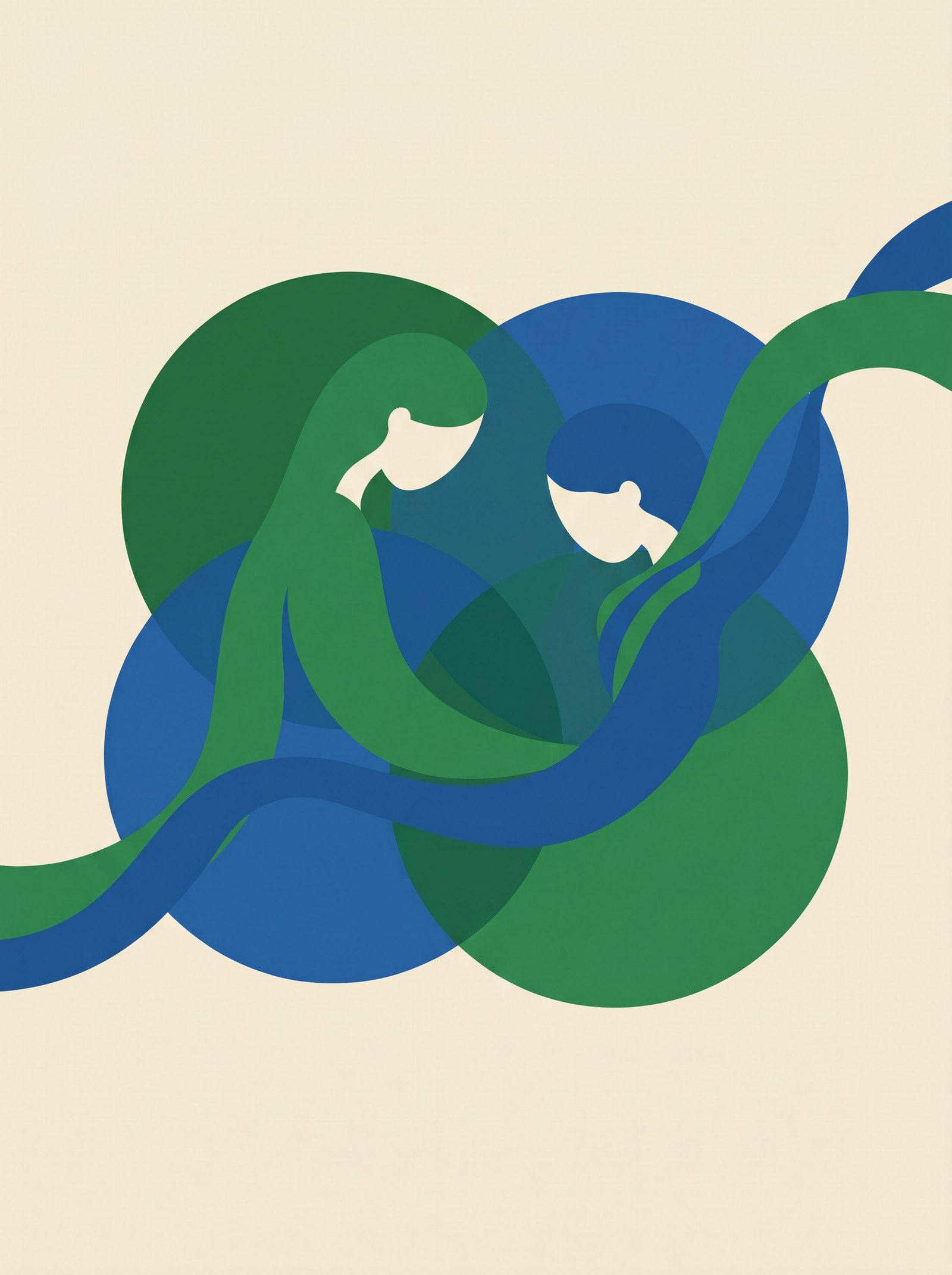 Abstract illustration in green and blue representing connection and support between provider and patient