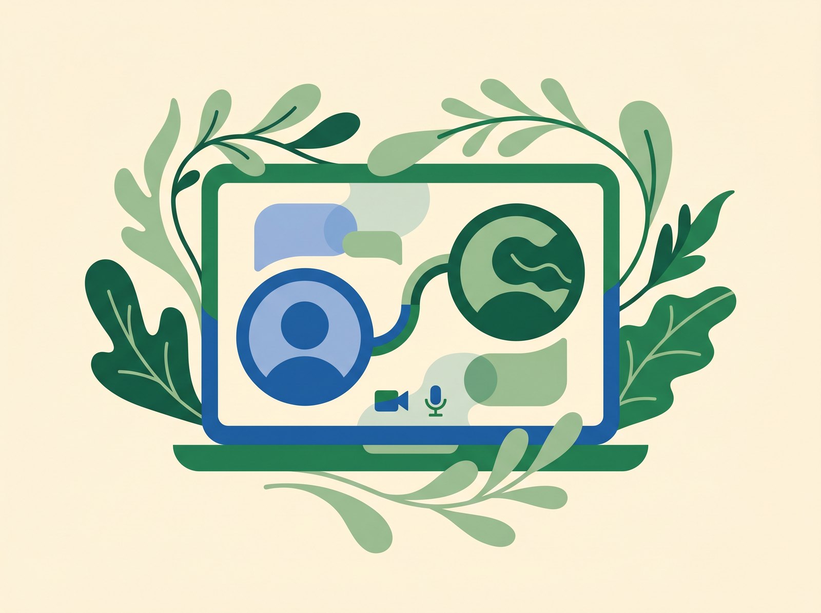 Abstract illustration of a telehealth video visit in Dynamic Health's green and blue brand colors